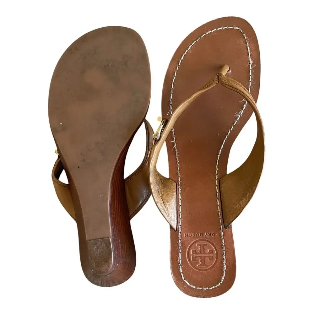 TORY BURCH Nora Mestico Size 7.5 Brown Tan Leather Slip-On Thong Wedge Sandals